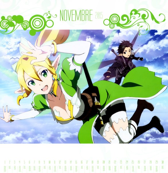 Anime picture 7006x7188 with sword art online a-1 pictures kirigaya kazuto leafa long hair tall image highres short hair open mouth black hair blonde hair green eyes absurdres ponytail braid (braids) pointy ears black eyes scan official art twin braids