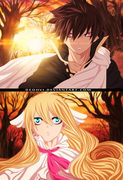 Anime picture 2497x3658 with fairy tail mavis vermillion zeref deohvi long hair tall image fringe highres short hair blue eyes black hair blonde hair sky cloud (clouds) pink eyes sunlight coloring evening sunset multiview