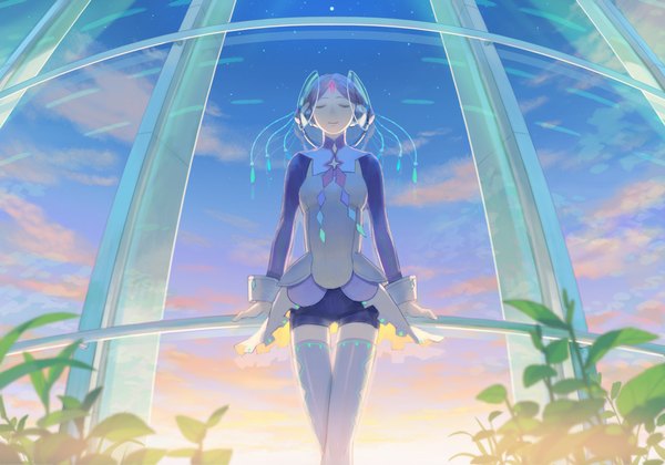 Anime picture 1000x701 with original hiko (scape) single breasts smile standing white background holding sky purple hair cloud (clouds) eyes closed from below girl thighhighs hair ornament plant (plants) shorts short shorts