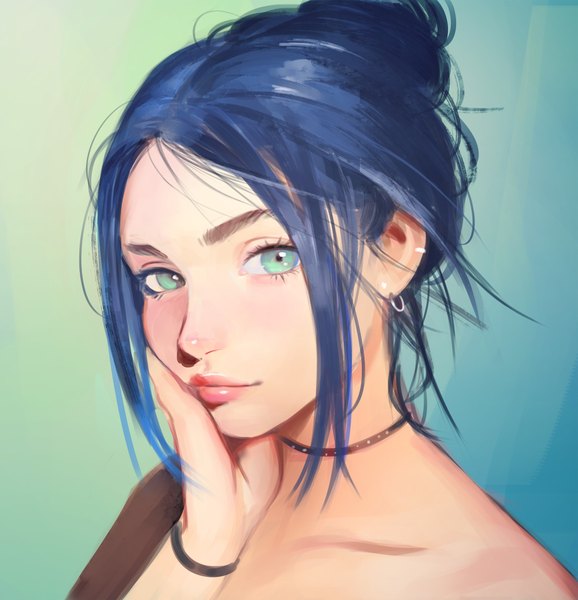 Anime picture 1850x1920 with original arata yokoyama single tall image looking at viewer highres short hair simple background bare shoulders payot blue hair upper body aqua eyes lips realistic hair bun (hair buns) gradient background hand on cheek girl earrings