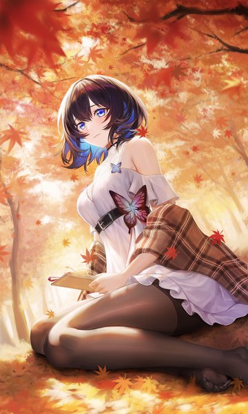 Anime picture 1080x1800 with honkai impact 3rd honkai (series) seele vollerei ulquiorra0 single tall image looking at viewer blush fringe short hair breasts blue eyes black hair hair between eyes sitting bare shoulders holding outdoors multicolored hair two-tone hair