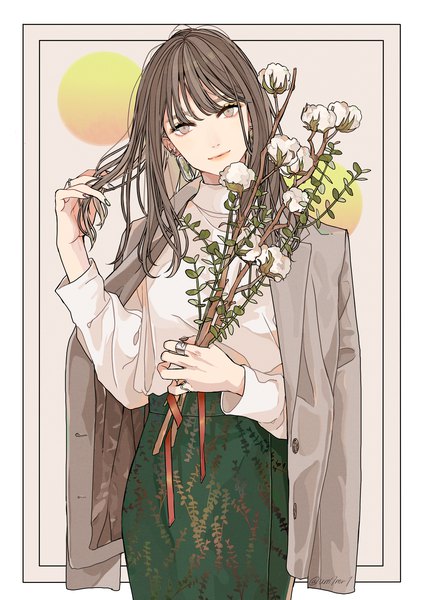 Anime picture 2507x3541 with original kko (um7mr) single long hair tall image looking at viewer fringe highres brown hair standing holding nail polish head tilt grey eyes adjusting hair eyeshadow clothes on shoulders makeup girl skirt