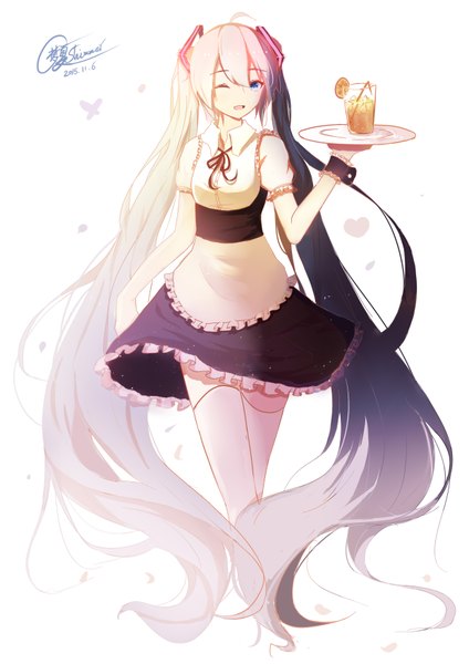 Anime picture 2480x3507 with vocaloid hatsune miku shimmer single tall image highres open mouth blue eyes white background twintails very long hair one eye closed grey hair wink inscription waitress girl thighhighs dress hair ornament