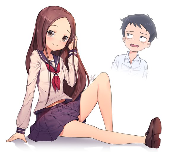 Anime picture 7560x6449 with karakai jouzu no takagi-san takagi-san nishikata lee seok ho long hair blush highres short hair open mouth black hair simple background brown hair white background sitting brown eyes signed absurdres black eyes adjusting hair girl