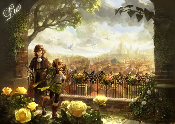 Anime picture 1254x886 with original chibi (shimon) long hair blue eyes blonde hair brown hair green eyes sky cloud (clouds) looking back city cityscape girl boy flower (flowers) plant (plants) animal food bird (birds) cloak