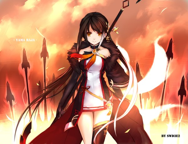 Anime picture 3000x2300 with elsword ara haan yama raja (elsword) swd3e2 single long hair looking at viewer highres black hair bare shoulders brown eyes multicolored hair two-tone hair glowing girl dress gloves weapon elbow gloves