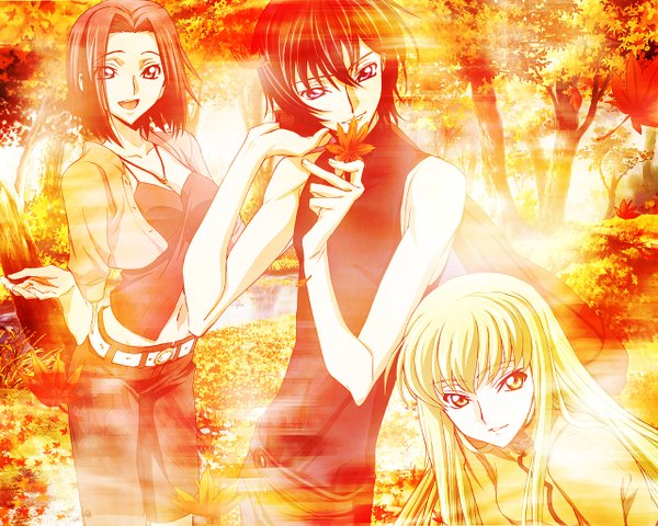 Anime picture 1280x1024 with code geass sunrise (studio) c.c. lelouch lamperouge kallen stadtfeld orange background