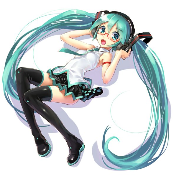 Anime picture 885x900 with vocaloid hatsune miku katahira masashi single tall image looking at viewer blush open mouth simple background white background twintails lying aqua eyes aqua hair on back hand on headphones girl skirt miniskirt necktie