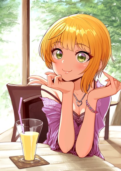 Anime picture 1323x1871 with idolmaster idolmaster cinderella girls miyamoto frederica omaru gyuunyuu single tall image looking at viewer blush fringe short hair blonde hair smile sitting bare shoulders green eyes upper body ahoge fingernails lips strap slip