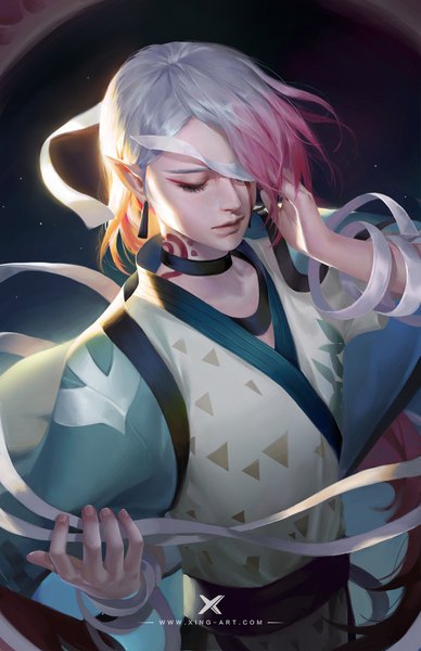 Anime picture 1295x2000 with onmyoji ichimoku ren (onmyoji) starlab single long hair tall image signed pink hair silver hair eyes closed multicolored hair from above pointy ears realistic two-tone hair tattoo adjusting hair light boy earrings