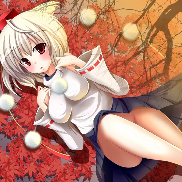 Anime picture 1600x1600 with touhou inubashiri momiji lio (artist) single looking at viewer blush short hair light erotic red eyes bare shoulders animal ears white hair lying legs girl skirt detached sleeves miniskirt fur leaf (leaves)