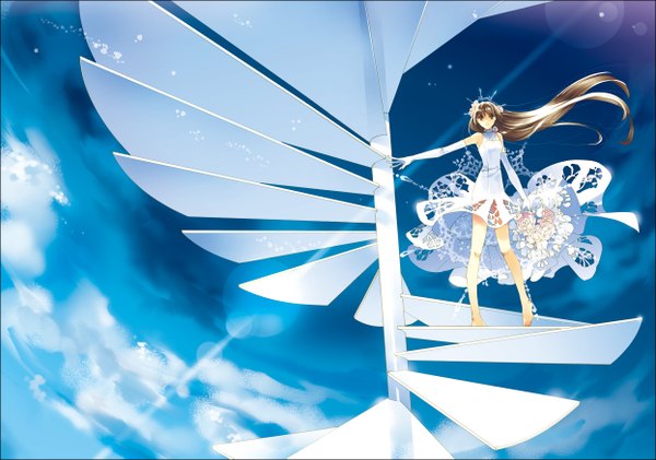 Anime picture 1246x875 with original hasaki (pixiv) single long hair brown hair bare shoulders sky cloud (clouds) barefoot hair flower legs girl dress gloves hair ornament elbow gloves bouquet stairs