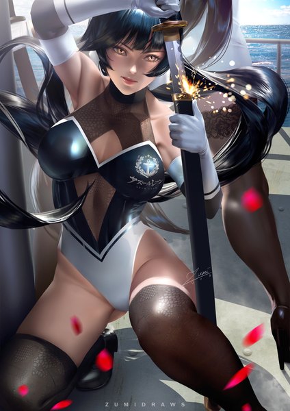 Anime picture 2481x3508 with azur lane atago (azur lane) takao (azur lane) takao (full throttle charmer) (azur lane) zumi (zumidraws) long hair tall image looking at viewer fringe highres breasts light erotic black hair large breasts standing multiple girls brown eyes signed payot sky