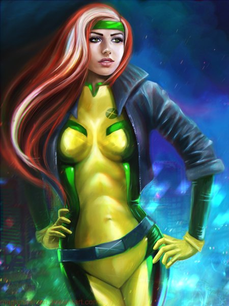 Anime picture 1000x1332 with x-men rogue (x-men) magicnaanavi single long hair tall image green eyes signed white hair red hair multicolored hair lips open clothes open jacket two-tone hair city lights girl gloves jacket belt