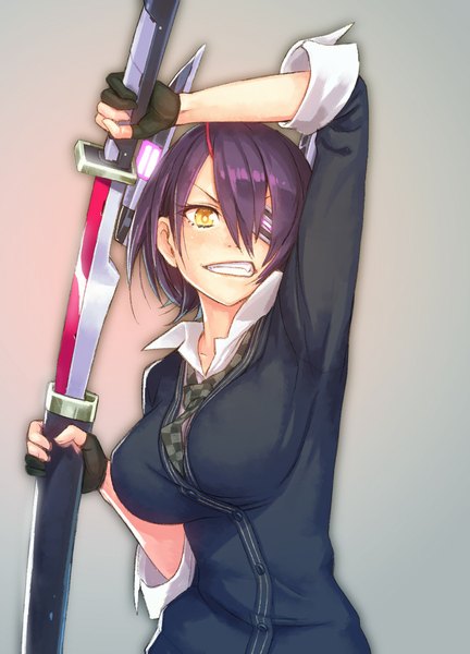 Anime picture 850x1179 with kantai collection tenryuu light cruiser yuuji (and) single tall image short hair breasts open mouth large breasts holding yellow eyes purple hair teeth open collar unsheathing girl gloves weapon shirt sword