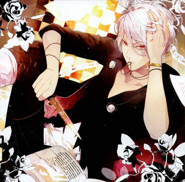 Anime picture 2634x2598 with diabolik lovers idea factory sakamaki subaru single looking at viewer highres short hair red eyes white hair hand on head vampire boy knife