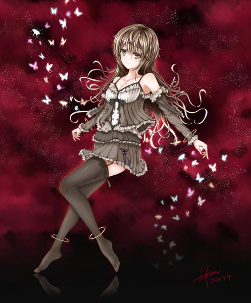 Anime picture 2664x3218 with original wsman single long hair tall image looking at viewer highres brown hair brown eyes girl thighhighs dress black thighhighs detached sleeves insect butterfly
