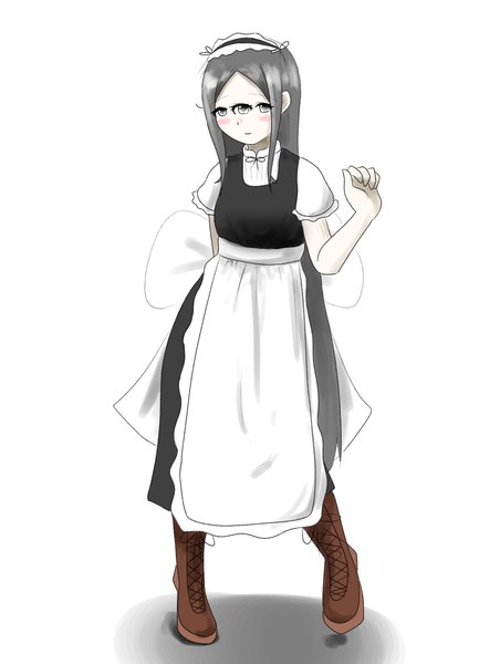 Anime picture 2894x3844 with original kakiagemaru single long hair tall image looking at viewer blush highres black hair simple background standing white background full body black eyes short sleeves maid lacing arm behind back girl dress