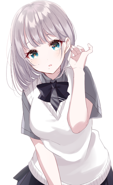 Anime picture 799x1300 with original sinsihukunokonaka single tall image looking at viewer blush fringe short hair breasts blue eyes simple background standing white background silver hair upper body parted lips head tilt pleated skirt arm up mole