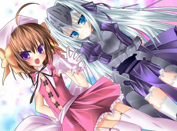 Anime picture 1162x862 with kore wa zombie desu ka? studio deen eucliwood hellscythe haruna (zombie) nemokochi (artist) long hair blush short hair open mouth blue eyes brown hair purple eyes multiple girls ahoge white hair loli girl 2 girls armor