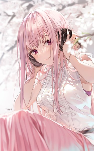 Anime picture 1124x1800 with original mmu single long hair tall image looking at viewer blush fringe smile sitting signed pink hair blunt bangs pink eyes blurry arms up short sleeves cherry blossoms hand on headphones girl