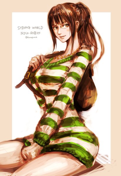 Anime picture 1408x2048 with one piece one piece: strong world toei animation nico robin torapunch single long hair tall image looking at viewer fringe breasts simple background brown hair sitting holding brown eyes signed payot ponytail blunt bangs