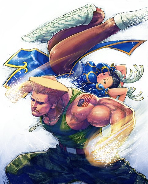 Anime picture 807x1000 with street fighter capcom chun-li guile boyaking(sbf) tall image short hair light erotic black hair simple background blonde hair white background black eyes hair bun (hair buns) tattoo magic glowing chinese clothes muscle lacing