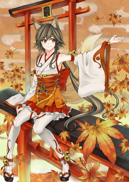 Anime picture 1500x2121 with original retsuna single long hair tall image black hair sitting animal ears traditional clothes japanese clothes animal tail girl thighhighs detached sleeves white thighhighs leaf (leaves) obi bell