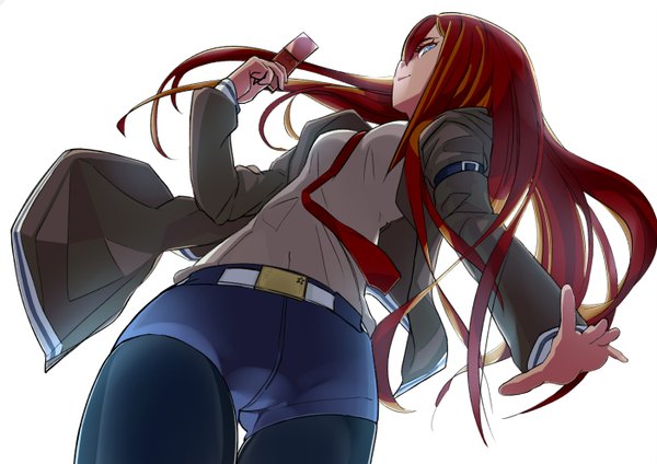 Anime picture 1402x992 with steins;gate white fox makise kurisu single long hair looking at viewer blue eyes simple background smile brown hair white background open clothes open jacket girl uniform necktie shorts phone