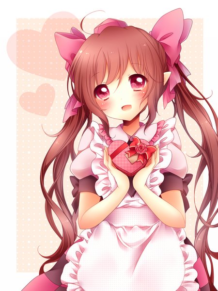 Anime picture 750x1000 with touhou himekaidou hatate sanotsuki single long hair tall image looking at viewer blush open mouth brown hair twintails pink eyes valentine girl dress bow hair bow hat heart gift