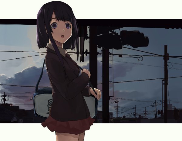 Anime picture 1237x958 with original shirabi single open mouth purple eyes sky purple hair cloud (clouds) city girl uniform school uniform miniskirt bag power lines