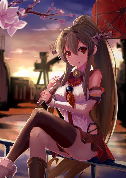 Anime picture 1240x1754 with kantai collection yamato super battleship dance of eternity single long hair tall image looking at viewer smile red eyes brown hair sitting ponytail traditional clothes japanese clothes crossed legs cherry blossoms girl thighhighs skirt black thighhighs