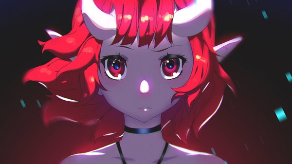 Anime picture 2560x1440 with original tom skender single looking at viewer fringe highres short hair simple background wide image bare shoulders upper body red hair pink eyes horn (horns) pointy ears gradient background floating hair dark background demon girl red background