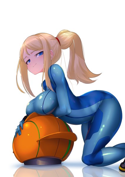 Anime picture 1505x2125 with metroid samus aran kashu (hizake) single long hair tall image looking at viewer fringe breasts blue eyes light erotic simple background blonde hair smile large breasts white background payot ponytail kneeling reflection