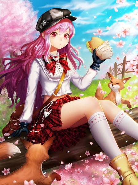 Anime-Bild 650x868 mit original kankito single long hair tall image looking at viewer fringe hair between eyes sitting holding payot pink hair sky cloud (clouds) outdoors pleated skirt pink eyes wind arm support :o