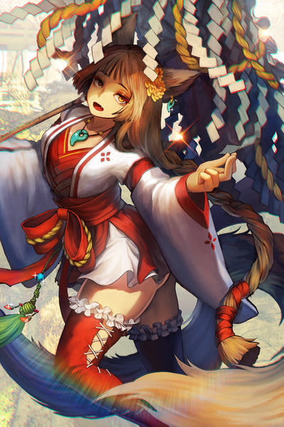 Anime picture 1500x2253 with original noixen single tall image looking at viewer fringe open mouth light erotic brown hair standing holding animal ears yellow eyes tail braid (braids) very long hair long sleeves animal tail hair flower arm up