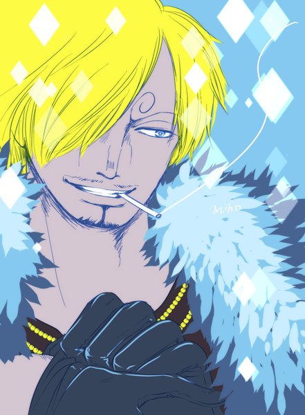 Anime picture 736x1000 with one piece toei animation sanji danbat miho single tall image fringe short hair blue eyes simple background blonde hair smile signed looking away upper body hair over one eye fur trim smoke eyebrows smoking