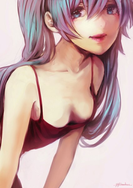 Anime picture 708x1000 with vocaloid hatsune miku yuji kazakiri single long hair tall image looking at viewer breasts blue eyes light erotic simple background signed cleavage lips aqua hair no bra leaning leaning forward pink background girl