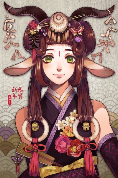 Anime picture 1000x1500 with original nanjou (sumeragimishiro) single long hair tall image looking at viewer blush smile brown hair twintails bare shoulders green eyes animal ears traditional clothes horn (horns) inscription new year nengajou 2015 seigaiha
