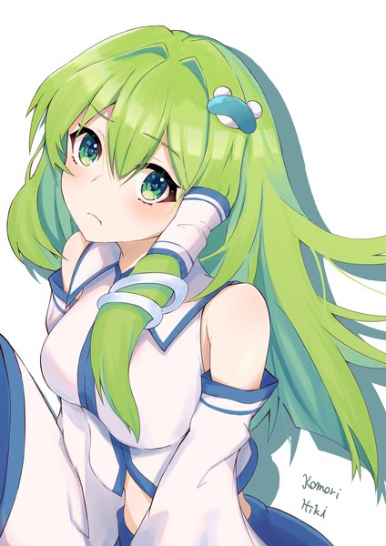 Anime picture 2121x2999 with touhou kochiya sanae komori hiki16 single long hair tall image blush fringe highres breasts simple background hair between eyes white background bare shoulders green eyes signed green hair half updo girl hair ornament