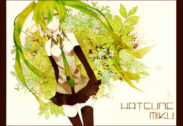 Anime picture 1122x777 with vocaloid hatsune miku carol (pixiv) single long hair twintails green eyes green hair inscription sleeveless girl skirt flower (flowers) plant (plants) detached sleeves necktie thigh boots