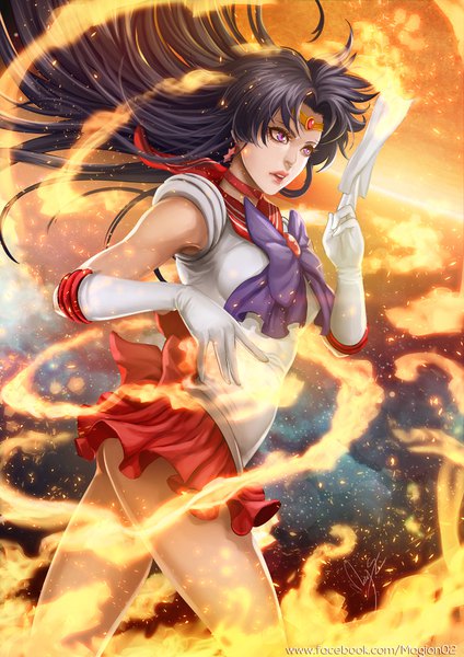 Anime-Bild 750x1061 mit bishoujo senshi sailor moon toei animation hino rei sailor mars magion02 single long hair tall image open mouth light erotic black hair purple eyes looking away realistic girl skirt gloves hair ornament miniskirt white gloves