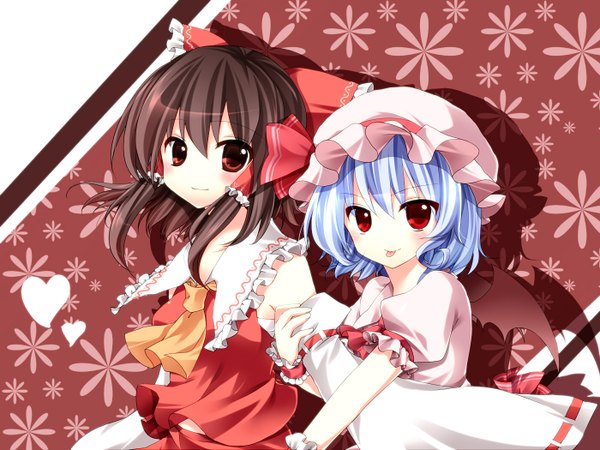 Anime picture 1400x1050 with touhou hakurei reimu remilia scarlet horon (artist) short hair smile red eyes brown hair multiple girls brown eyes blue hair :p miko girl skirt bow 2 girls hair bow detached sleeves wings