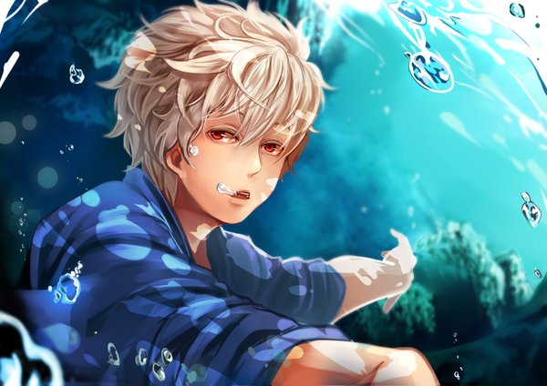 Anime picture 2923x2066 with gintama sunrise (studio) sakata gintoki mattsun single looking at viewer highres short hair open mouth blonde hair red eyes traditional clothes japanese clothes spread arms underwater boy kimono bubble (bubbles)