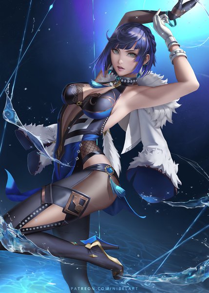 Anime picture 1250x1750 with genshin impact yelan (genshin impact) nibelart single tall image looking at viewer fringe short hair breasts light erotic simple background large breasts standing green eyes signed blue hair bent knee (knees) parted lips lips realistic