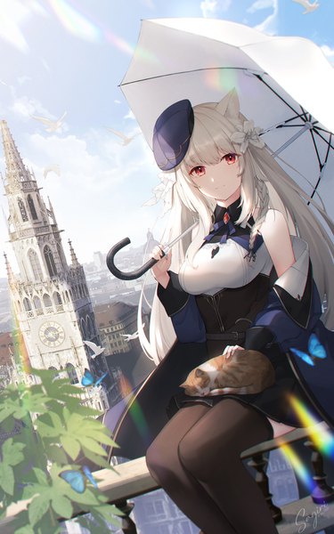 Anime picture 1500x2400 with original sagiri (ulpha220) single long hair tall image looking at viewer fringe breasts red eyes large breasts sitting holding signed animal ears sky cloud (clouds) outdoors blunt bangs braid (braids) long sleeves