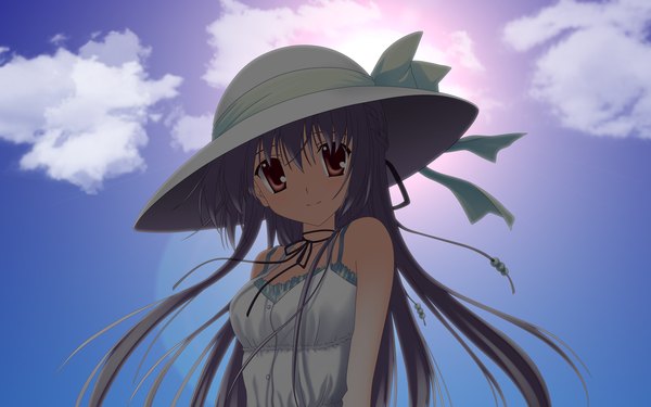 Anime picture 1920x1200 with nanao naru single long hair looking at viewer fringe highres smile hair between eyes wide image bare shoulders brown eyes sky silver hair cloud (clouds) upper body head tilt wind girl dress ribbon (ribbons)
