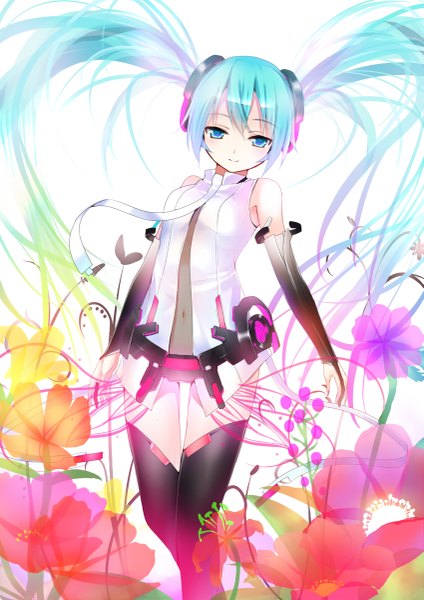 Anime picture 849x1200 with vocaloid vocaloid append hatsune miku hatsune miku (append) koi (koisan) single long hair tall image looking at viewer standing twintails bare shoulders very long hair aqua eyes light smile aqua hair girl flower (flowers) detached sleeves