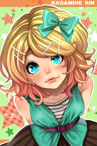 Anime picture 1920x2880 with vocaloid kagamine rin minami haruya single tall image looking at viewer fringe highres short hair blue eyes blonde hair lips alternate costume looking up alternate hairstyle girl skirt hair ornament bow hair bow