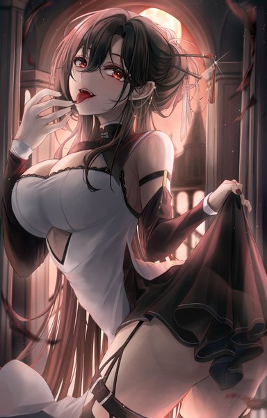 Anime picture 2480x3872 with original pippin sol single long hair tall image looking at viewer fringe highres breasts open mouth light erotic black hair hair between eyes red eyes large breasts standing cleavage nail polish arm up fingernails